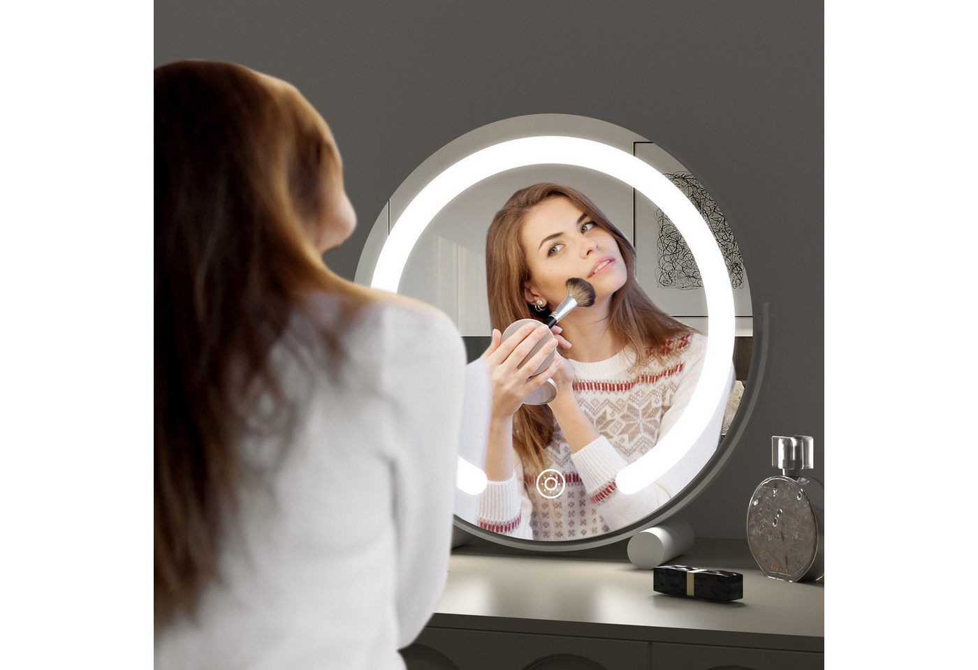 WDWRITTI Kosmetikspiegel LED Schminkspiegel 3Lichtfarben Helligkeit dimmbar Touch Tischspiegel (Make Up Spiegel Rund, 360° Drehbar), Umweltschutz Spiegel, energiesparender Bild 4