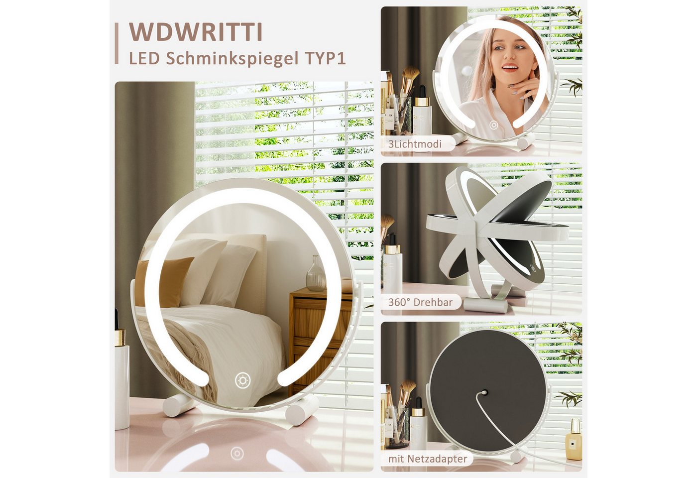 WDWRITTI Kosmetikspiegel LED Schminkspiegel 3Lichtfarben Helligkeit dimmbar Touch Tischspiegel (Make Up Spiegel Rund, 360° Drehbar), Umweltschutz Spiegel, energiesparender Bild 5