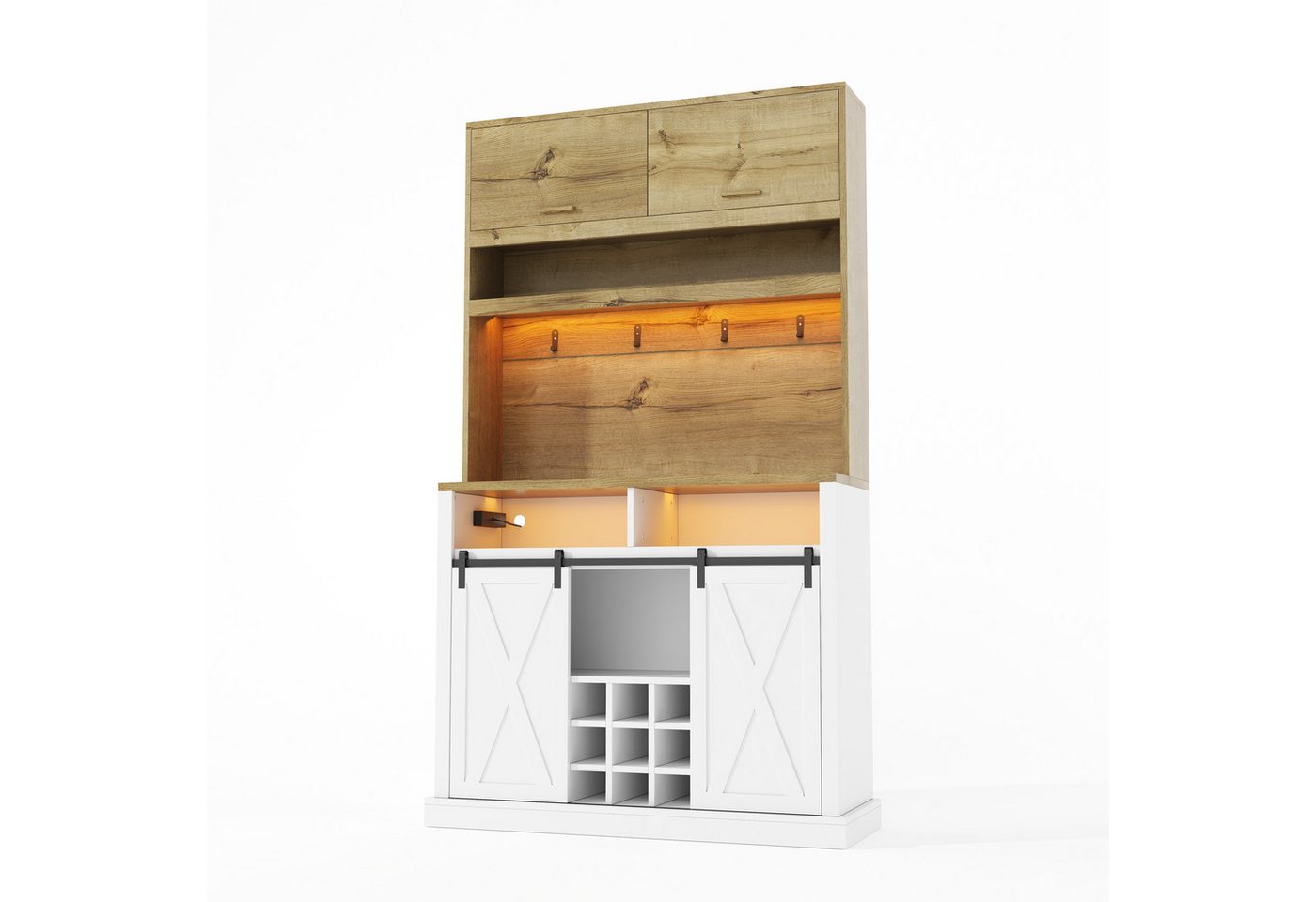 Flieks Küchenbuffet Hochschrank mit LED-Beleuchtung, Steckdose, Haken, Weinregal (1-St., B110/T42/H191 cm) Küchenschrank mit Arbeitsplatte in Holzoptik Mehrzweckschrank Weiß