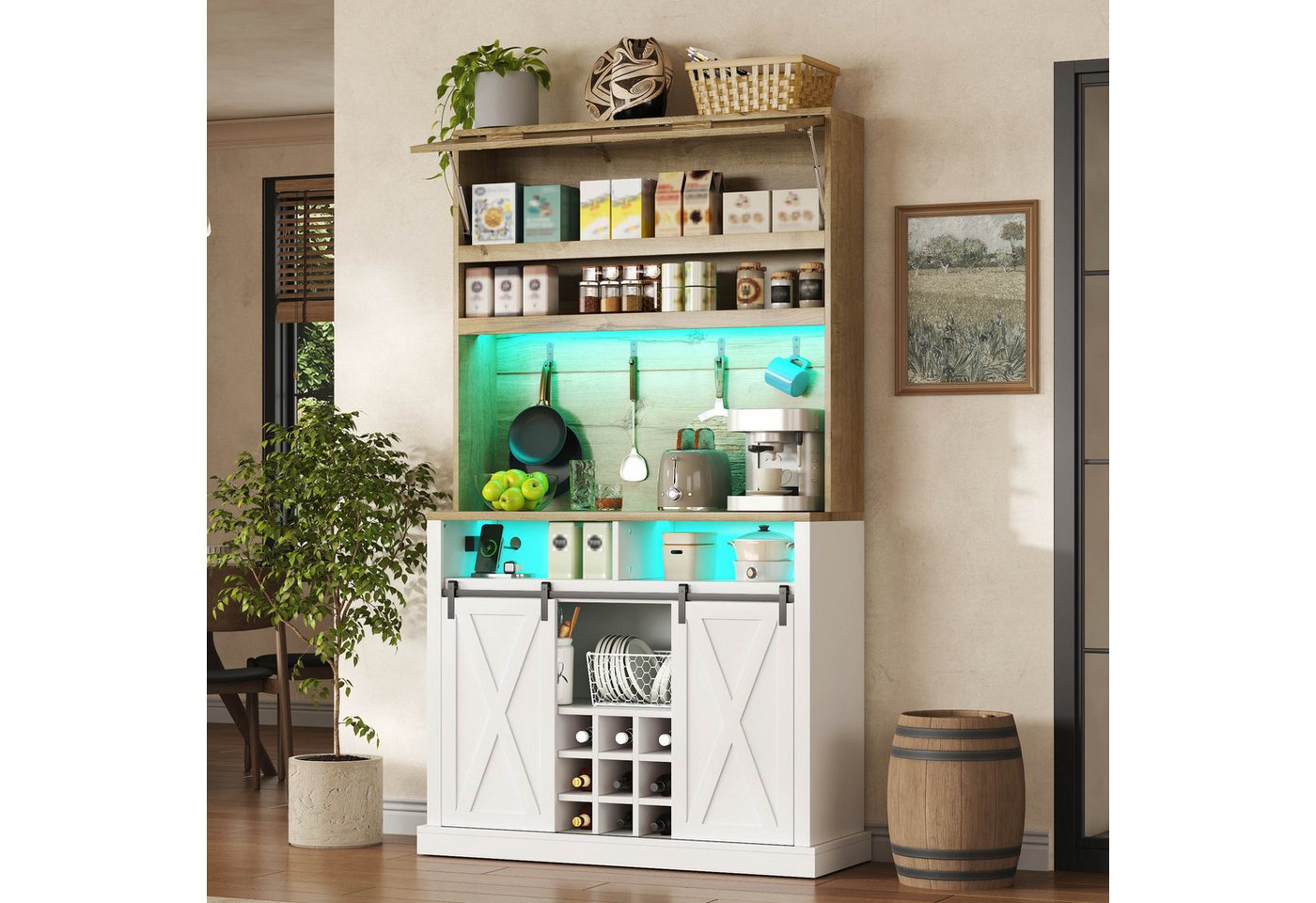 Flieks Küchenbuffet Hochschrank mit LED-Beleuchtung, Steckdose, Haken, Weinregal (1-St., B110/T42/H191 cm) Küchenschrank mit Arbeitsplatte in Holzoptik Mehrzweckschrank Weiß Bild 2