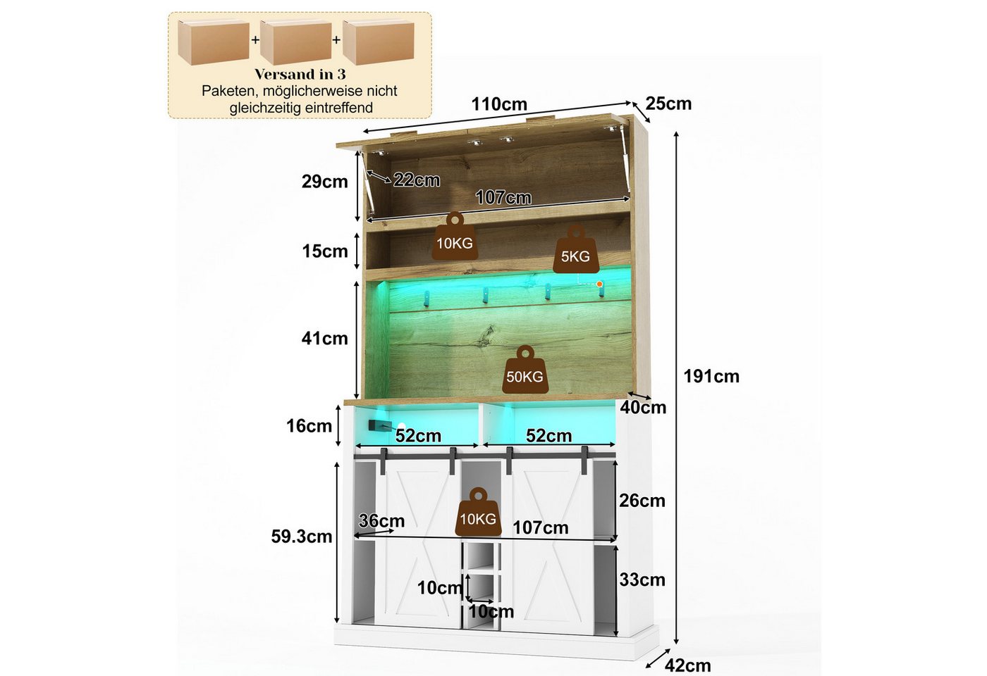 Flieks Küchenbuffet Hochschrank mit LED-Beleuchtung, Steckdose, Haken, Weinregal (1-St., B110/T42/H191 cm) Küchenschrank mit Arbeitsplatte in Holzoptik Mehrzweckschrank Weiß Bild 3