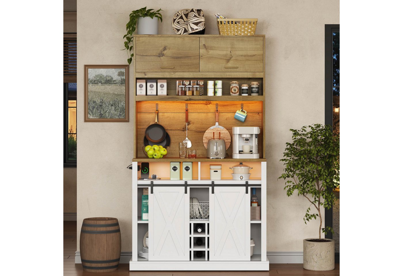 Flieks Küchenbuffet Hochschrank mit LED-Beleuchtung, Steckdose, Haken, Weinregal (1-St., B110/T42/H191 cm) Küchenschrank mit Arbeitsplatte in Holzoptik Mehrzweckschrank Weiß Bild 4