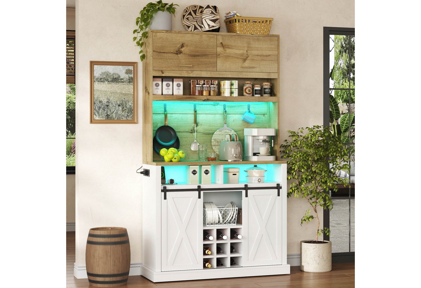 Flieks Küchenbuffet Hochschrank mit LED-Beleuchtung, Steckdose, Haken, Weinregal (1-St., B110/T42/H191 cm) Küchenschrank mit Arbeitsplatte in Holzoptik Mehrzweckschrank Weiß Bild 5