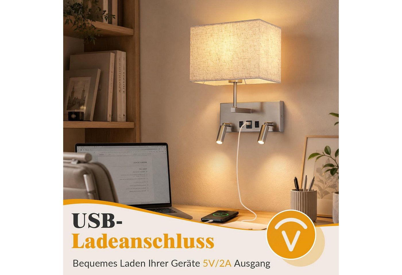 ZMH Wandleuchte Wandleuchte mit Schalter, USB-A&C, 2 LED-Leselampen – E27, Chrom, ohne Leuchtmittel, E27, 2 LED-Lesespots, USB-A & USB-C, Chrom, Metall, 360° drehbar
