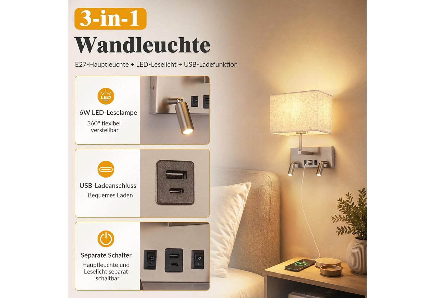 ZMH Wandleuchte Wandleuchte mit Schalter, USB-A&C, 2 LED-Leselampen – E27, Chrom, ohne Leuchtmittel, E27, 2 LED-Lesespots, USB-A & USB-C, Chrom, Metall, 360° drehbar Bild 2