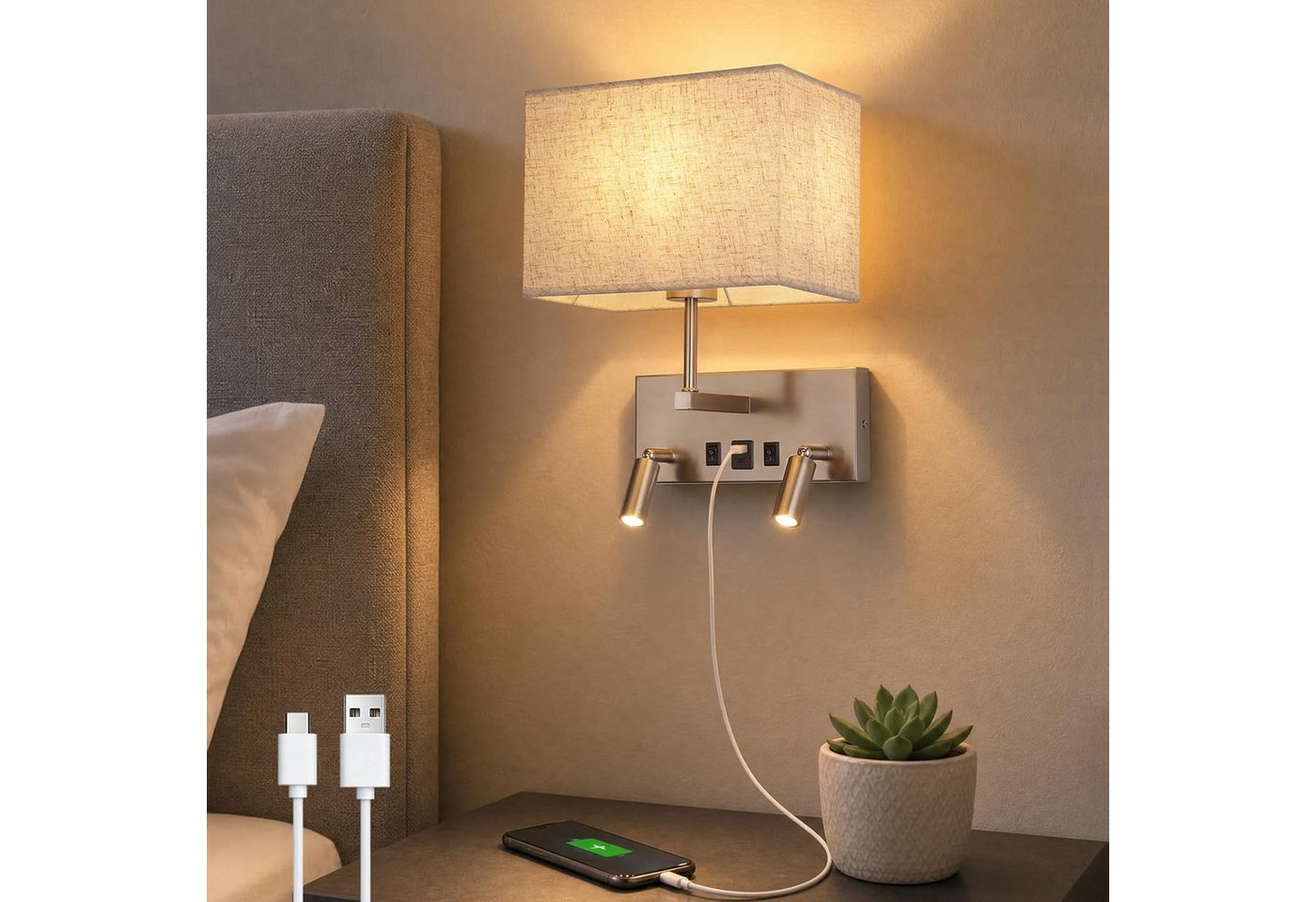 ZMH Wandleuchte Wandleuchte mit Schalter, USB-A&C, 2 LED-Leselampen – E27, Chrom, ohne Leuchtmittel, E27, 2 LED-Lesespots, USB-A & USB-C, Chrom, Metall, 360° drehbar Bild 4