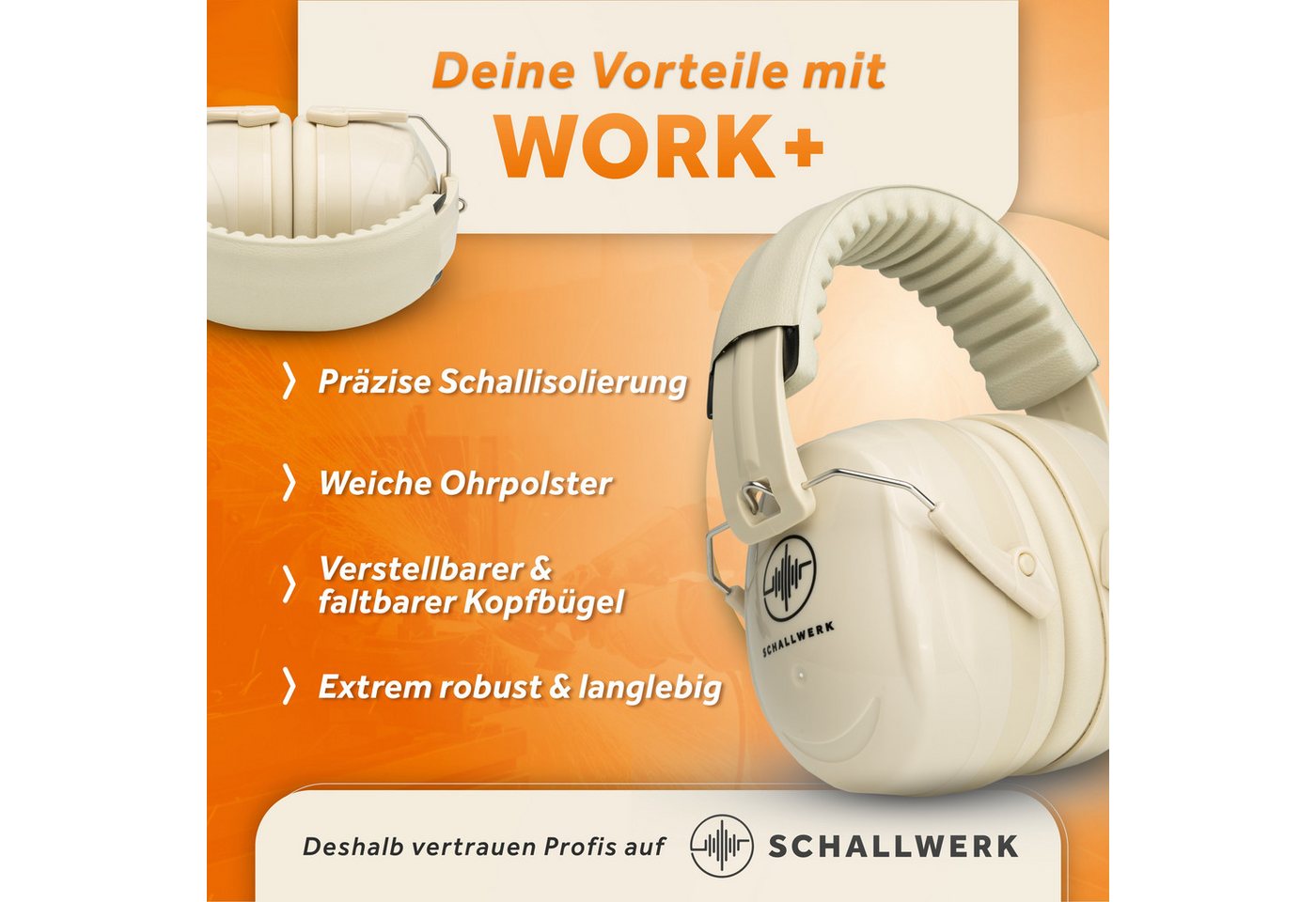 Schallwerk Kapselgehörschutz Work+ Arbeitsgehörschutz, Lärmschutz Ohrenschützer für Erwachsene, (Ohrenschutz für Baustelle, Werkstatt & Garten, 1 St., stufenlos verstellbar Größe S bis L, faltbar), SNR 33 dB (H 35 / M 32 / L 23), CE nach EN 352-1:2020 Bild 5