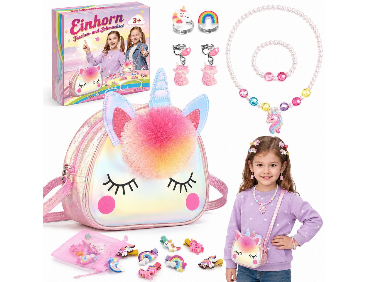 Wootoy Kreativset Einhorn Schmuckset mit Umhängetasche für Kinder Umfangreiches Set, (mit Halskette Armband Ringen Clip-Ohrringen und 10 Haarspangen, 16-tlg., mit dekorativem Pompon und farbenfrohen Einhorn-Details), Einhorn-Tasche als Schultertasche Umhängetasche oder Geldbörse nutzbar