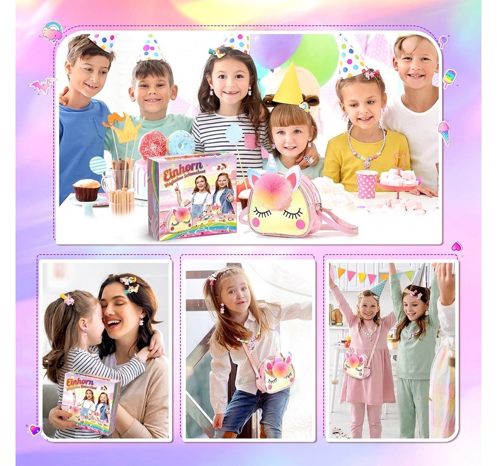 Wootoy Kreativset Einhorn Schmuckset mit Umhängetasche für Kinder Umfangreiches Set, (mit Halskette Armband Ringen Clip-Ohrringen und 10 Haarspangen, 16-tlg., mit dekorativem Pompon und farbenfrohen Einhorn-Details), Einhorn-Tasche als Schultertasche Umhängetasche oder Geldbörse nutzbar Bild 2