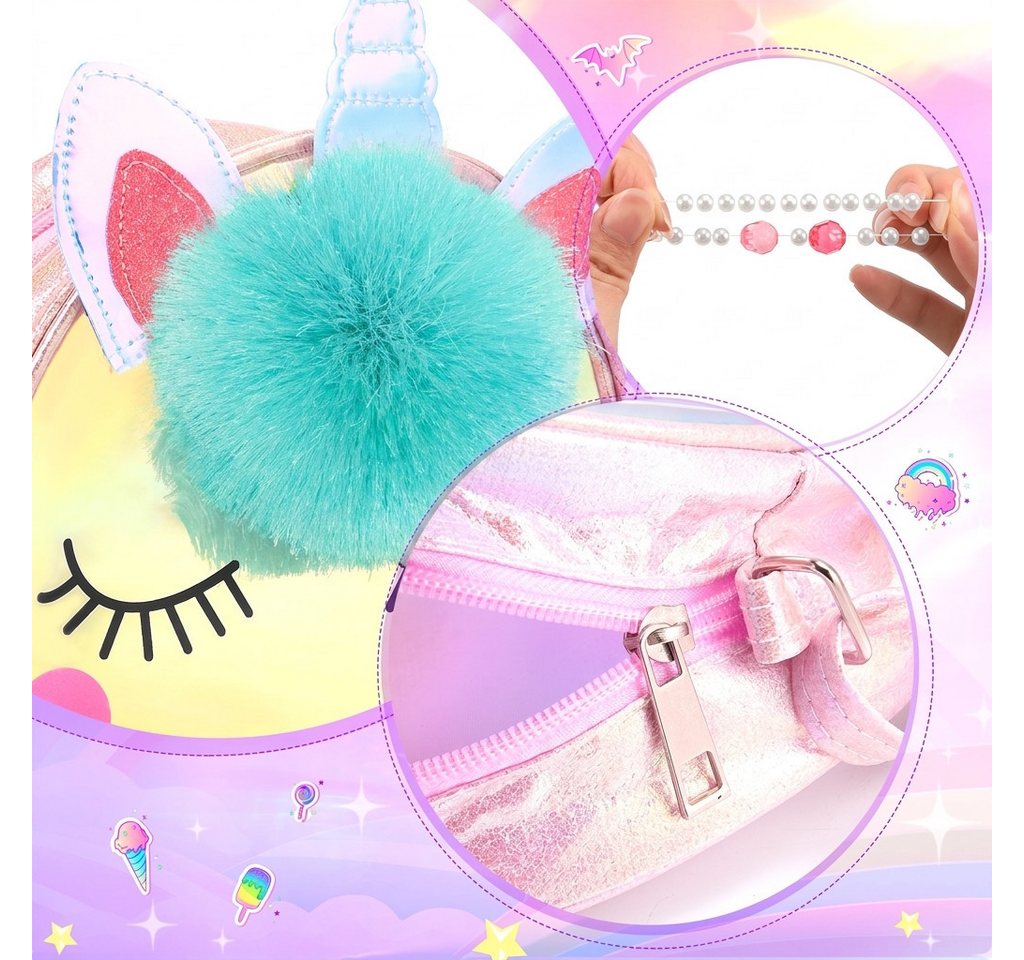 Wootoy Kreativset Einhorn Schmuckset mit Umhängetasche für Kinder Umfangreiches Set, (mit Halskette Armband Ringen Clip-Ohrringen und 10 Haarspangen, 16-tlg., mit dekorativem Pompon und farbenfrohen Einhorn-Details), Einhorn-Tasche als Schultertasche Umhängetasche oder Geldbörse nutzbar Bild 3