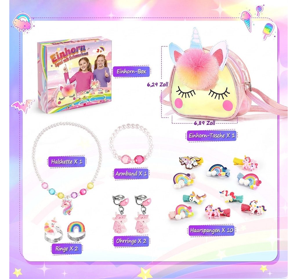 Wootoy Kreativset Einhorn Schmuckset mit Umhängetasche für Kinder Umfangreiches Set, (mit Halskette Armband Ringen Clip-Ohrringen und 10 Haarspangen, 16-tlg., mit dekorativem Pompon und farbenfrohen Einhorn-Details), Einhorn-Tasche als Schultertasche Umhängetasche oder Geldbörse nutzbar Bild 4