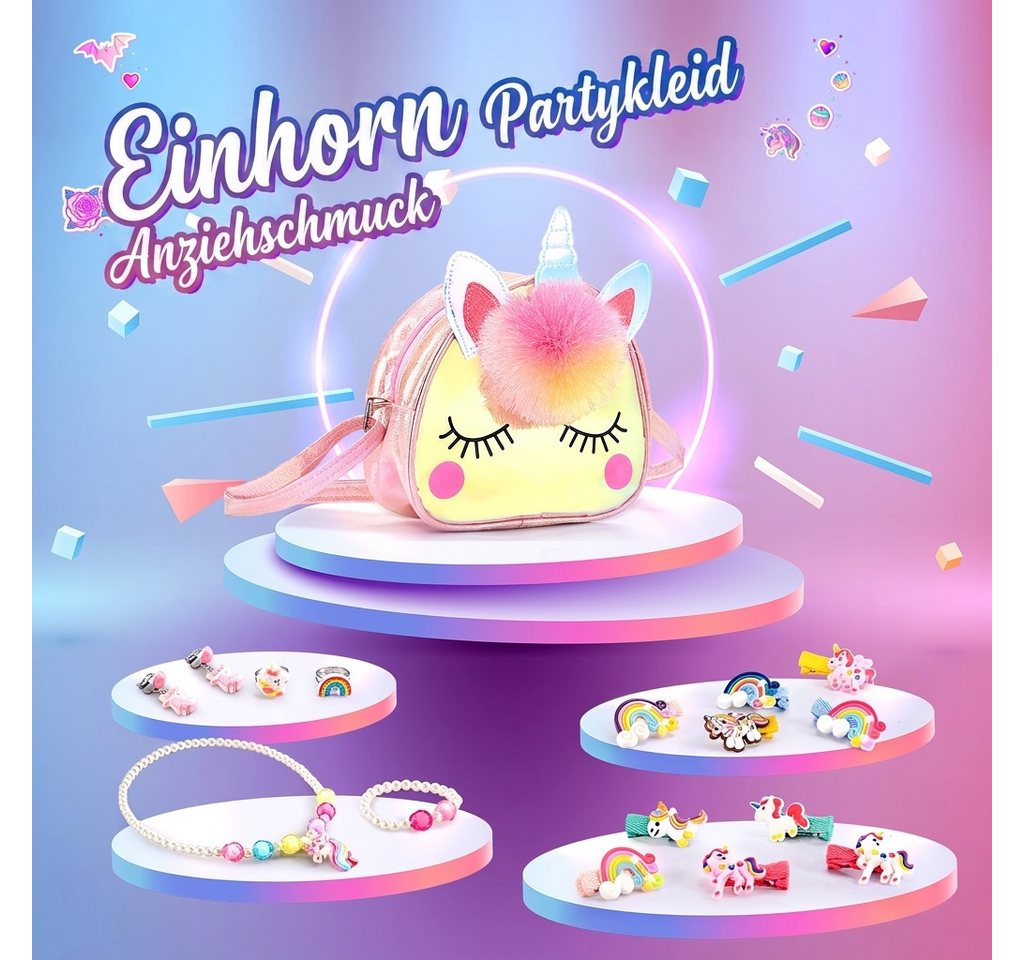 Wootoy Kreativset Einhorn Schmuckset mit Umhängetasche für Kinder Umfangreiches Set, (mit Halskette Armband Ringen Clip-Ohrringen und 10 Haarspangen, 16-tlg., mit dekorativem Pompon und farbenfrohen Einhorn-Details), Einhorn-Tasche als Schultertasche Umhängetasche oder Geldbörse nutzbar Bild 5