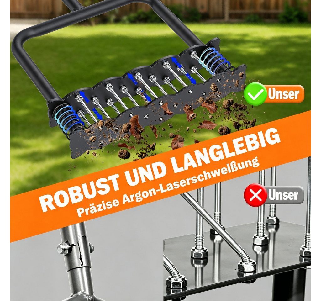 Rutaqian Rasenlüfter Rasenlüfter manuell mit 14 Stahlspitzen und Federunterstützung, 28 cm Arbeitsbreite, Rasenbelüfter mit T-Griff Kick-to-Unclog für Garten Rasenpflege