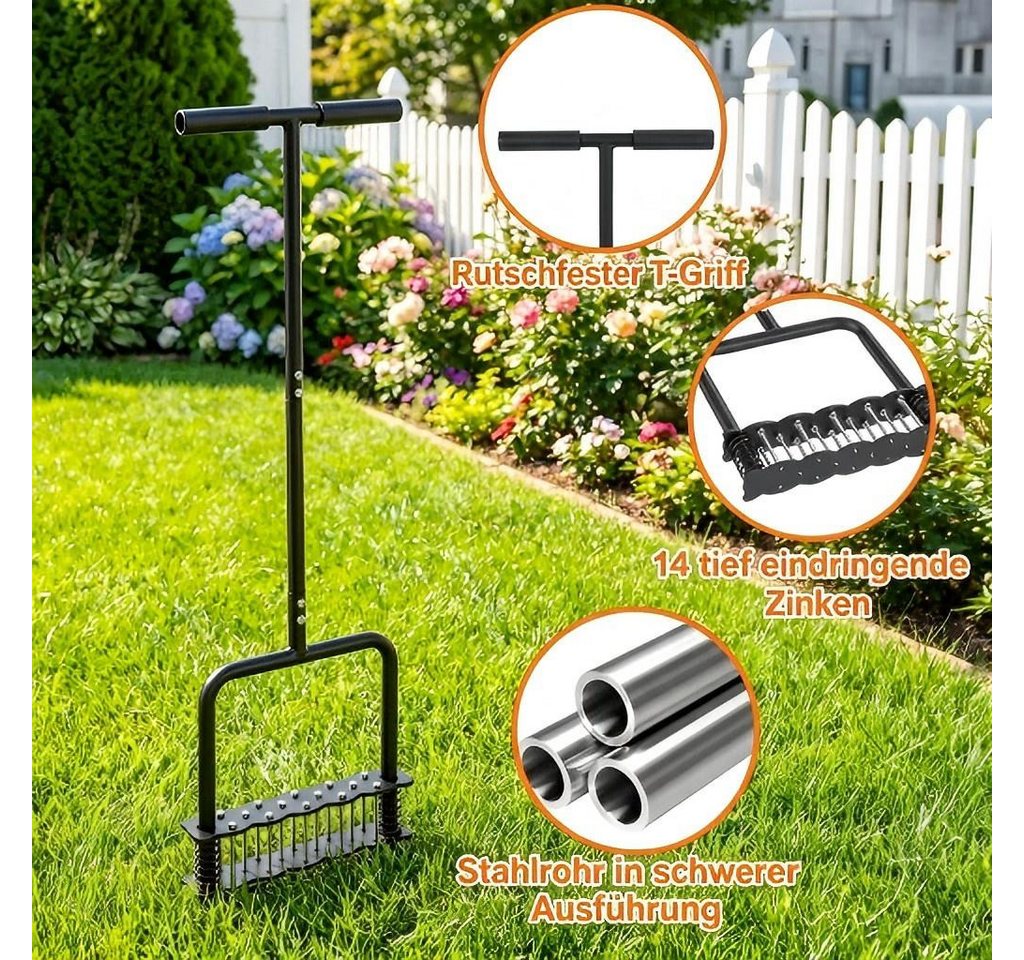 Rutaqian Rasenlüfter Rasenlüfter manuell mit 14 Stahlspitzen und Federunterstützung, 28 cm Arbeitsbreite, Rasenbelüfter mit T-Griff Kick-to-Unclog für Garten Rasenpflege Bild 2
