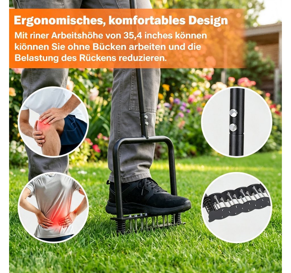 Rutaqian Rasenlüfter Rasenlüfter manuell mit 14 Stahlspitzen und Federunterstützung, 28 cm Arbeitsbreite, Rasenbelüfter mit T-Griff Kick-to-Unclog für Garten Rasenpflege Bild 3