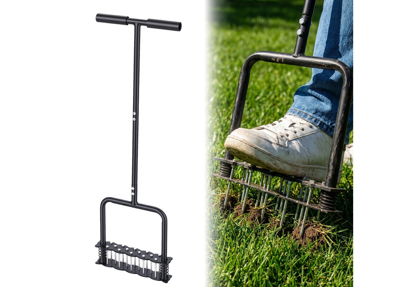 Rutaqian Rasenlüfter Rasenlüfter manuell mit 14 Stahlspitzen und Federunterstützung, 28 cm Arbeitsbreite, Rasenbelüfter mit T-Griff Kick-to-Unclog für Garten Rasenpflege Bild 4