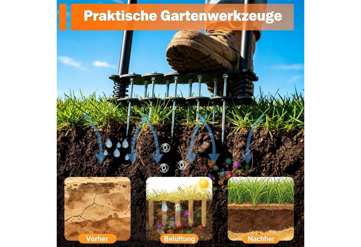 Rutaqian Rasenlüfter Rasenlüfter manuell mit 14 Stahlspitzen und Federunterstützung, 28 cm Arbeitsbreite, Rasenbelüfter mit T-Griff Kick-to-Unclog für Garten Rasenpflege Bild 5