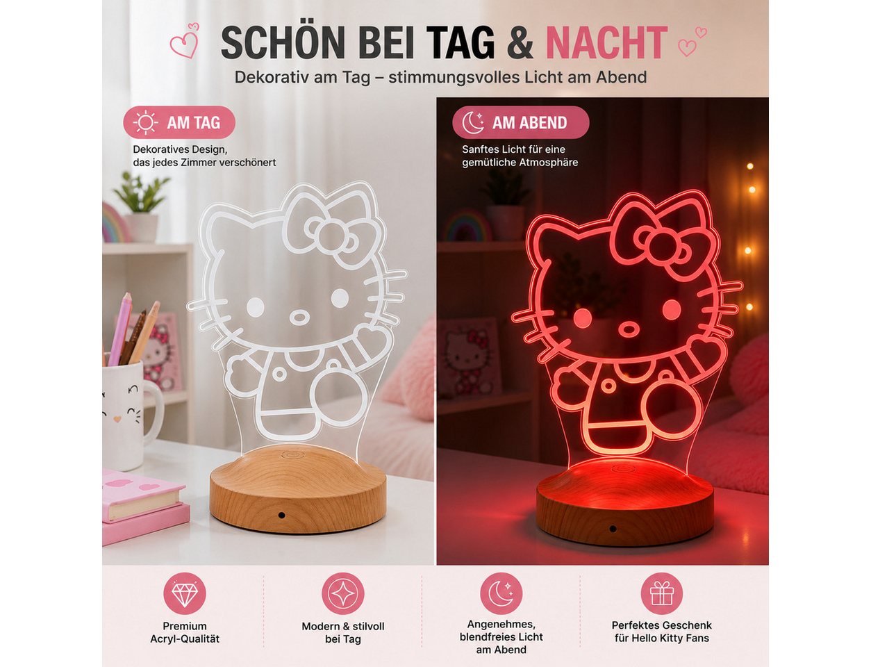 Geschenkelampe LED Nachttischlampe Süße Kitty 3D Nachtlampe Geschenk für Mädchen Kinderzimmer Deko, Schlummerlicht, Mit Fernbedienung & 16 Farben
