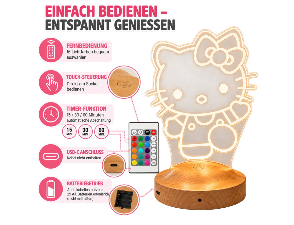 Geschenkelampe LED Nachttischlampe Süße Kitty 3D Nachtlampe Geschenk für Mädchen Kinderzimmer Deko, Schlummerlicht, Mit Fernbedienung & 16 Farben Bild 3