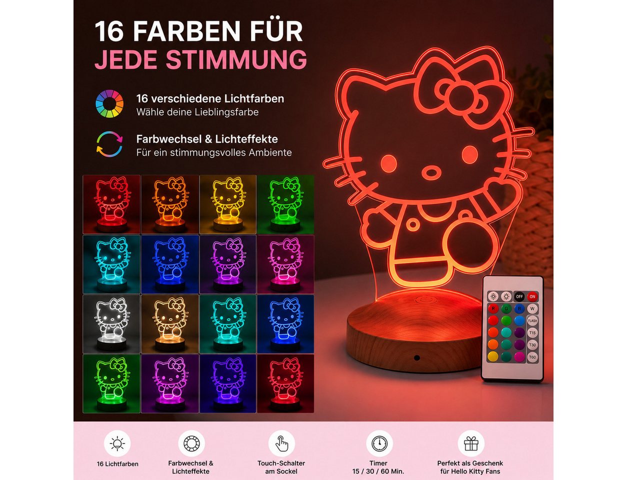 Geschenkelampe LED Nachttischlampe Süße Kitty 3D Nachtlampe Geschenk für Mädchen Kinderzimmer Deko, Schlummerlicht, Mit Fernbedienung & 16 Farben Bild 5