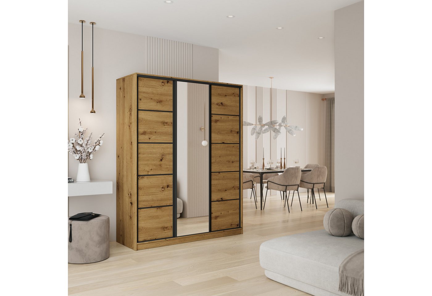 Masseno Schwebetürenschrank PINA 150 cm Kleiderschrank mit Spiegel 3 Türen Eiche Artisan