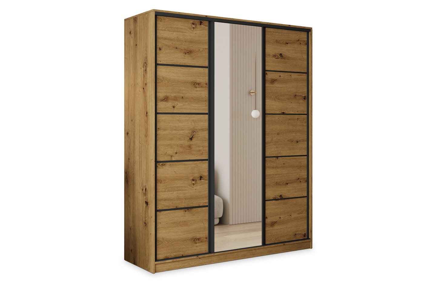 Masseno Schwebetürenschrank PINA 150 cm Kleiderschrank mit Spiegel 3 Türen Eiche Artisan Bild 2