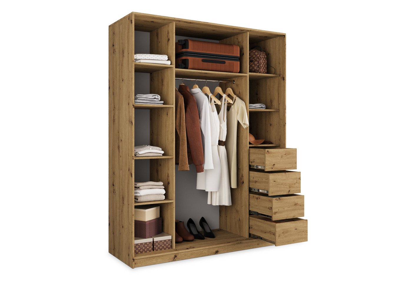 Masseno Schwebetürenschrank PINA 150 cm Kleiderschrank mit Spiegel 3 Türen Eiche Artisan Bild 4