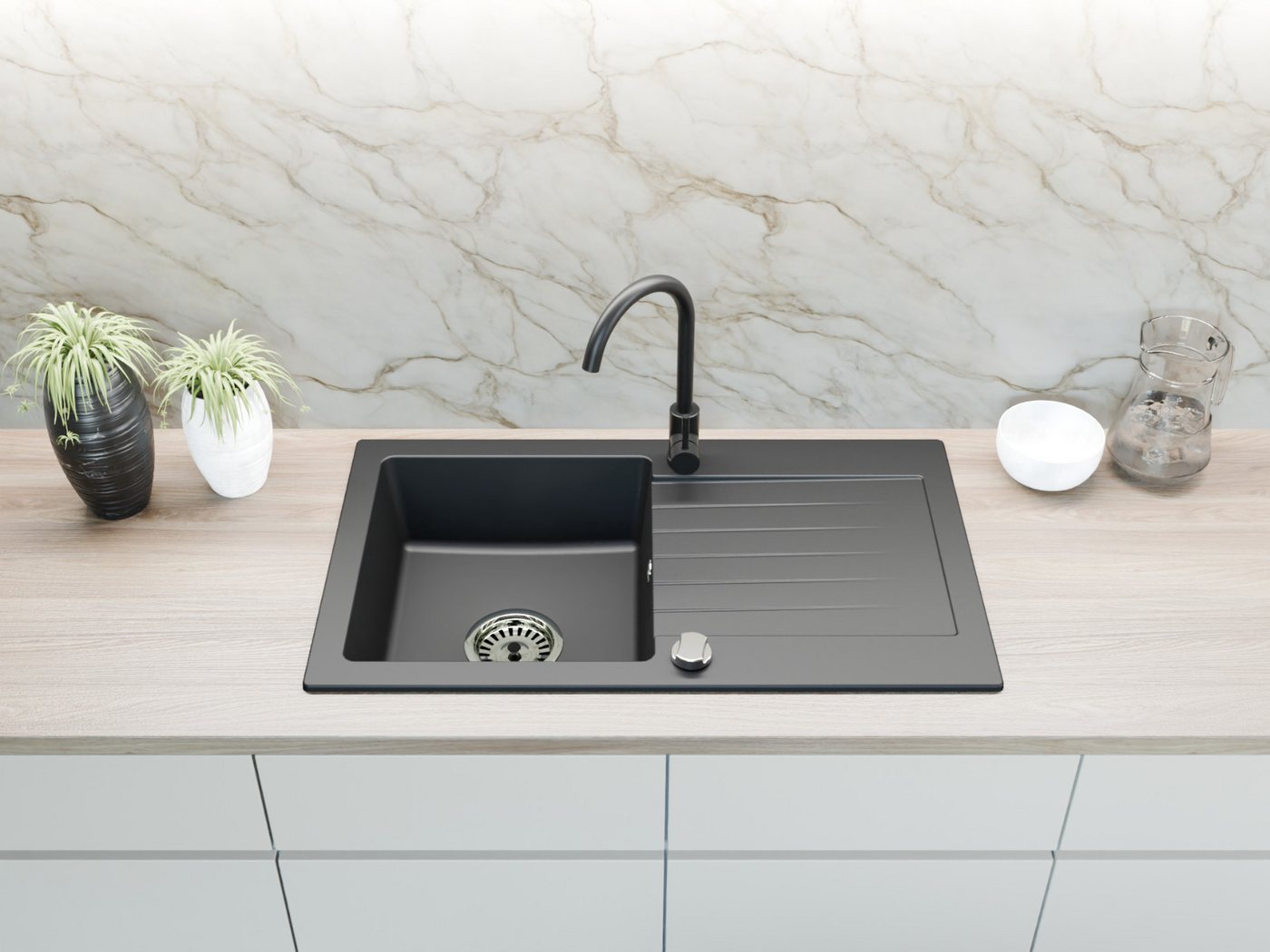 Faizee Möbel Granitspüle Granitspüle Faizee Home, mit Armatur – Set inkl. Siphon in Farben, rechteckig, 75/45 cm, Granitspüle:76 x 16 x 44 cm (BxHxT) Farbe: Schwarz/Grau/ Beige Material: Granit Vorgebohrt für eine Armatur Reversibel – Links oder Rechts montierbar Mit Armatur Komplett, (Komplett-Set) Bild 2