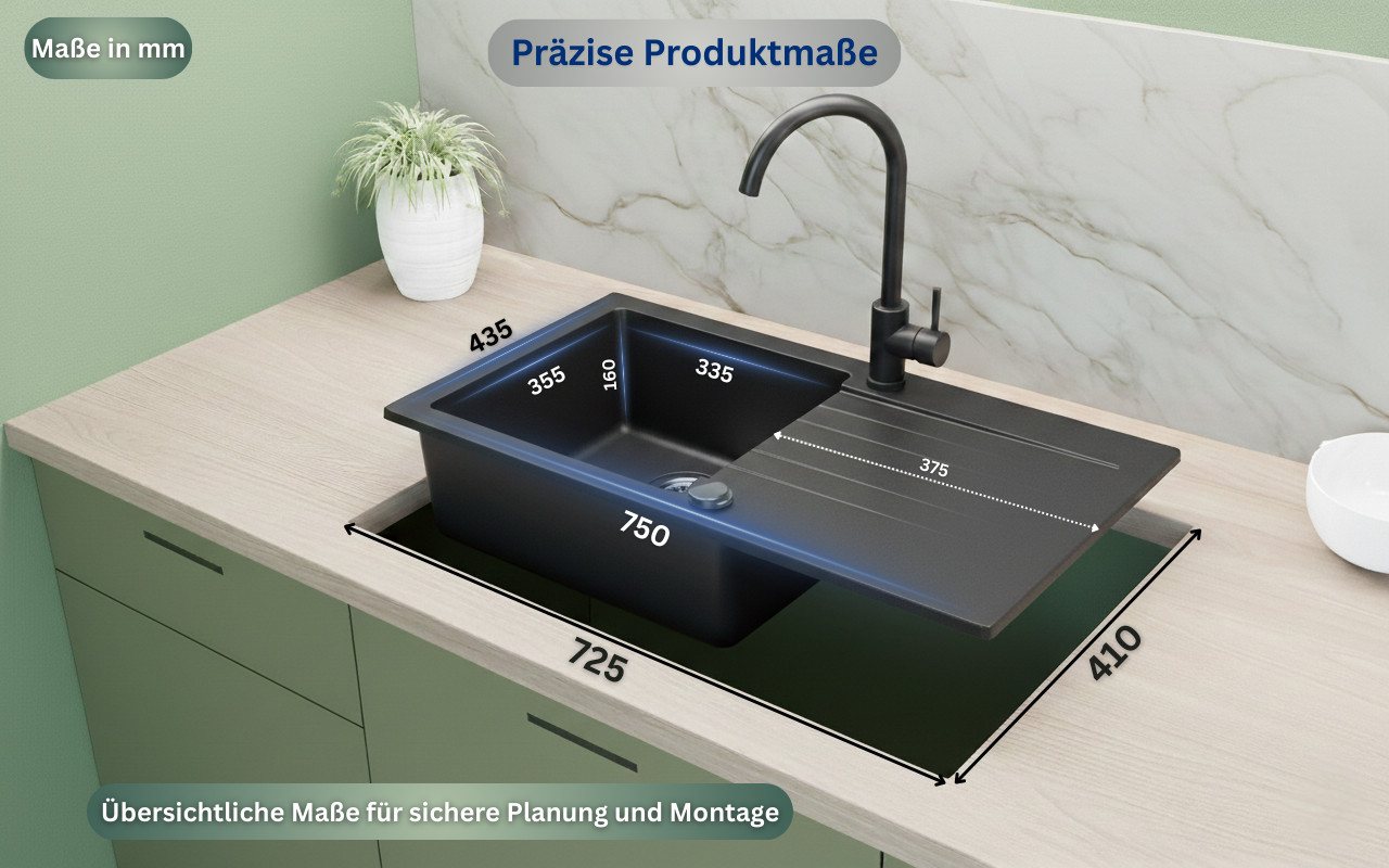 Faizee Möbel Granitspüle Granitspüle Faizee Home, mit Armatur – Set inkl. Siphon in Farben, rechteckig, 75/45 cm, Granitspüle:76 x 16 x 44 cm (BxHxT) Farbe: Schwarz/Grau/ Beige Material: Granit Vorgebohrt für eine Armatur Reversibel – Links oder Rechts montierbar Mit Armatur Komplett, (Komplett-Set) Bild 4