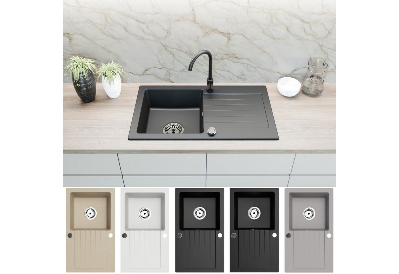 Faizee Möbel Granitspüle Granitspüle Faizee Home, mit Armatur – Set inkl. Siphon in Farben, rechteckig, 75/45 cm, Granitspüle:76 x 16 x 44 cm (BxHxT) Farbe: Schwarz/Grau/ Beige Material: Granit Vorgebohrt für eine Armatur Reversibel – Links oder Rechts montierbar Mit Armatur Komplett, (Komplett-Set) Bild 5