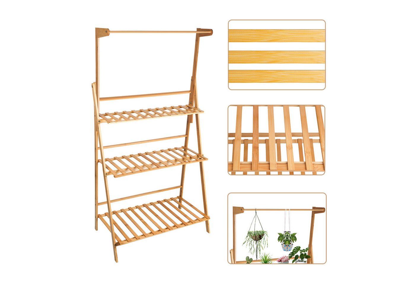 JEOBEST Blumenständer Pflanzentreppe Pflanzenständer Blumentreppe Klappbar, aus Bambus, Höhe 141cm, Hängepflanzenständer Bild 2