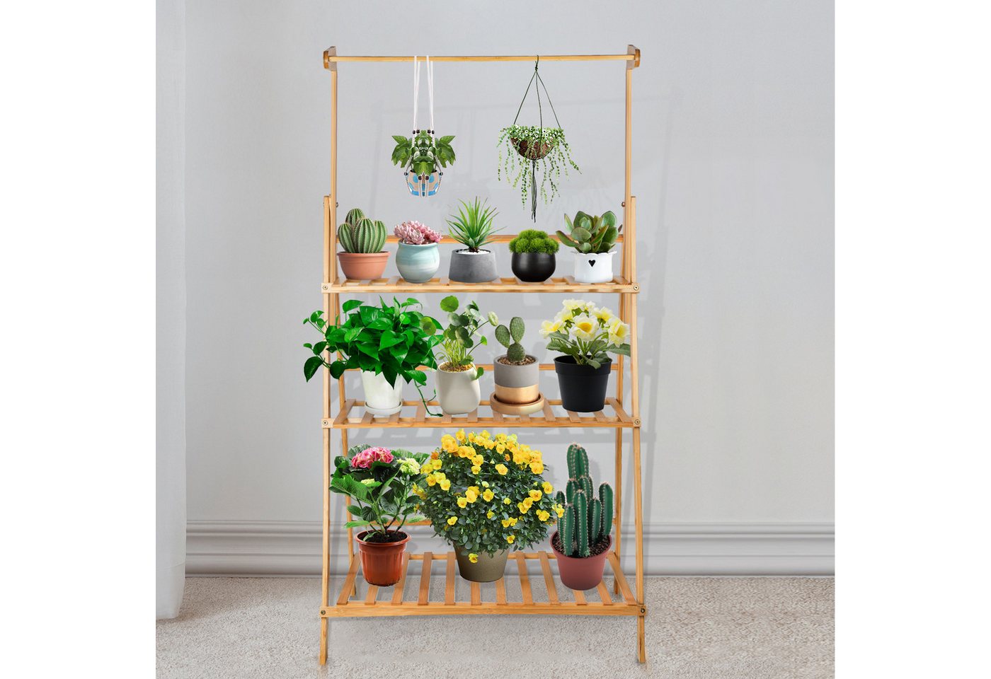 JEOBEST Blumenständer Pflanzentreppe Pflanzenständer Blumentreppe Klappbar, aus Bambus, Höhe 141cm, Hängepflanzenständer Bild 3