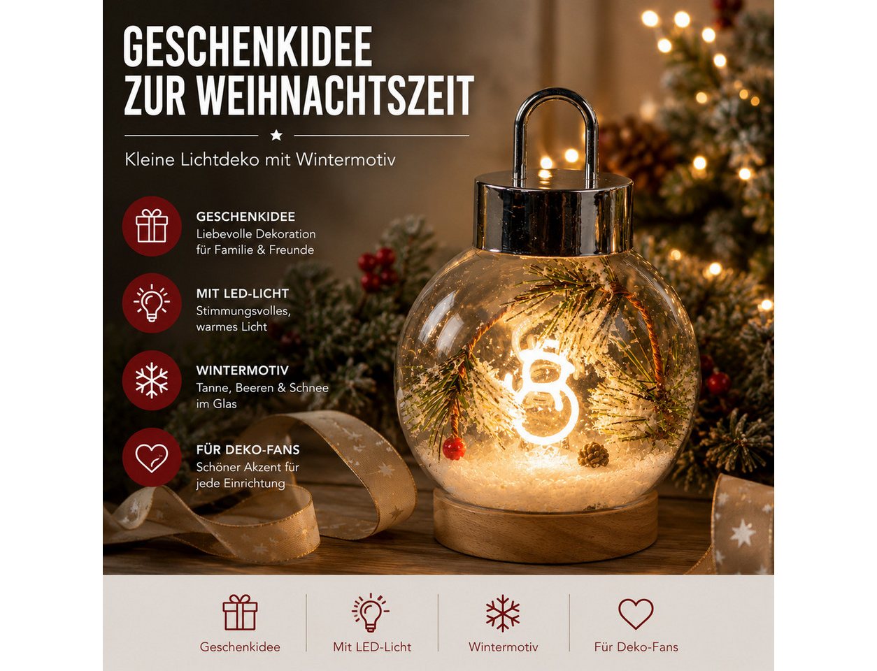 formano LED Dekolicht LED Deko Kugel 17 cm Glas Tanne Schnee Timer 6h/18h Weihnachtsdeko, LED fest integriert Bild 2