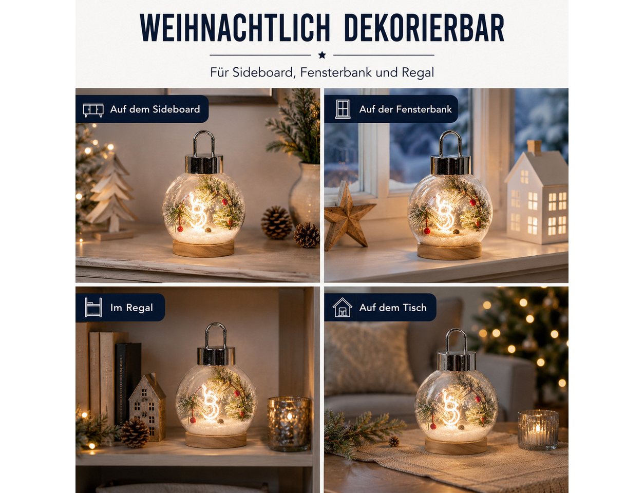 formano LED Dekolicht LED Deko Kugel 17 cm Glas Tanne Schnee Timer 6h/18h Weihnachtsdeko, LED fest integriert Bild 3