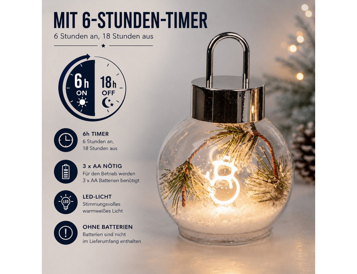 formano LED Dekolicht LED Deko Kugel 17 cm Glas Tanne Schnee Timer 6h/18h Weihnachtsdeko, LED fest integriert Bild 4