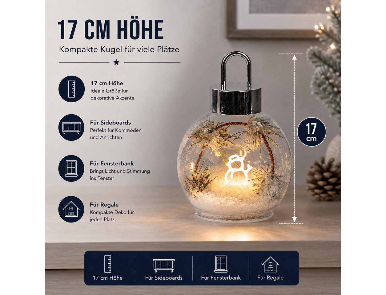 formano LED Dekolicht LED Deko Kugel 17 cm Glas Tanne Schnee Timer 6h/18h Weihnachtsdeko, LED fest integriert Bild 5