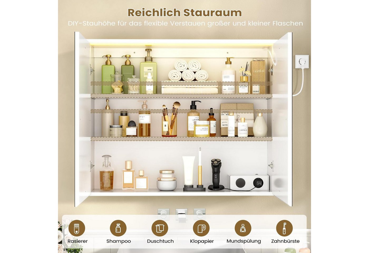 MSMASK Badezimmerspiegelschrank mit LED-Beleuchtung und Steckdose, Lichtschalter, 3 Farbtemperaturen (1-St) 3-stufig höhenverstellbare Ablage