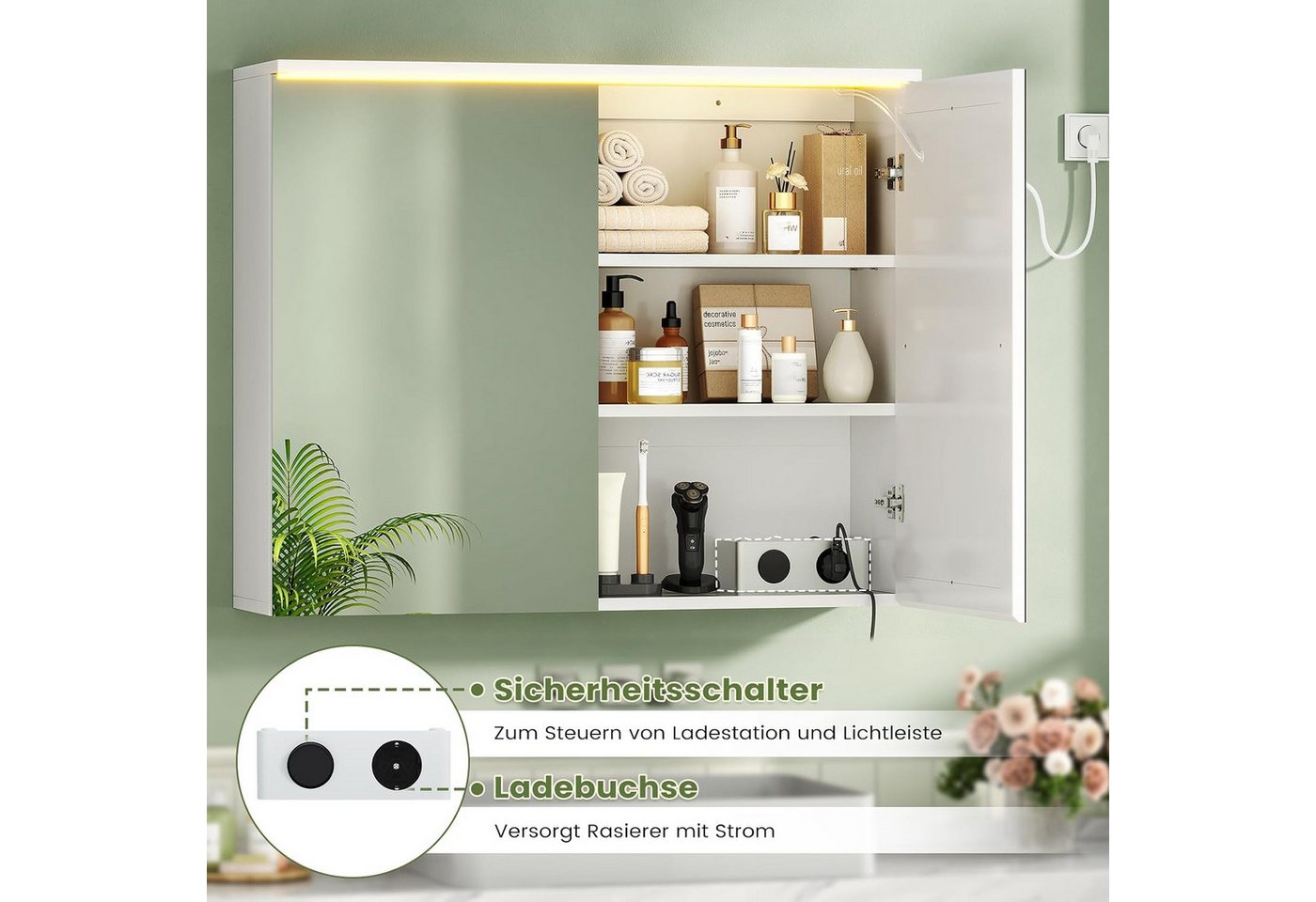 MSMASK Badezimmerspiegelschrank mit LED-Beleuchtung und Steckdose, Lichtschalter, 3 Farbtemperaturen (1-St) 3-stufig höhenverstellbare Ablage Bild 4
