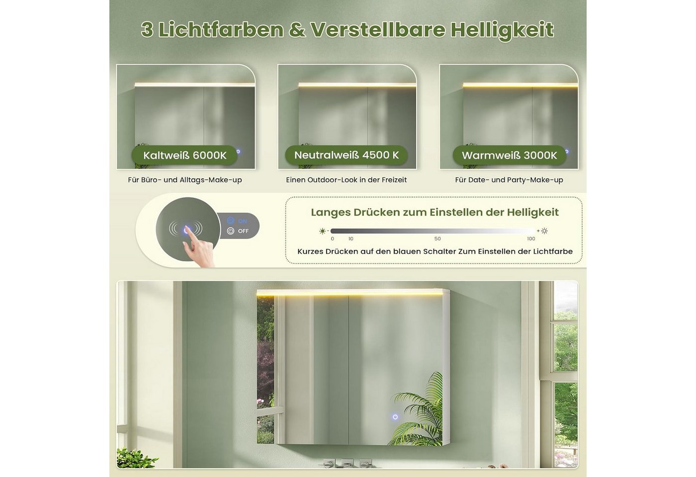 MSMASK Badezimmerspiegelschrank mit LED-Beleuchtung und Steckdose, Lichtschalter, 3 Farbtemperaturen (1-St) 3-stufig höhenverstellbare Ablage Bild 5