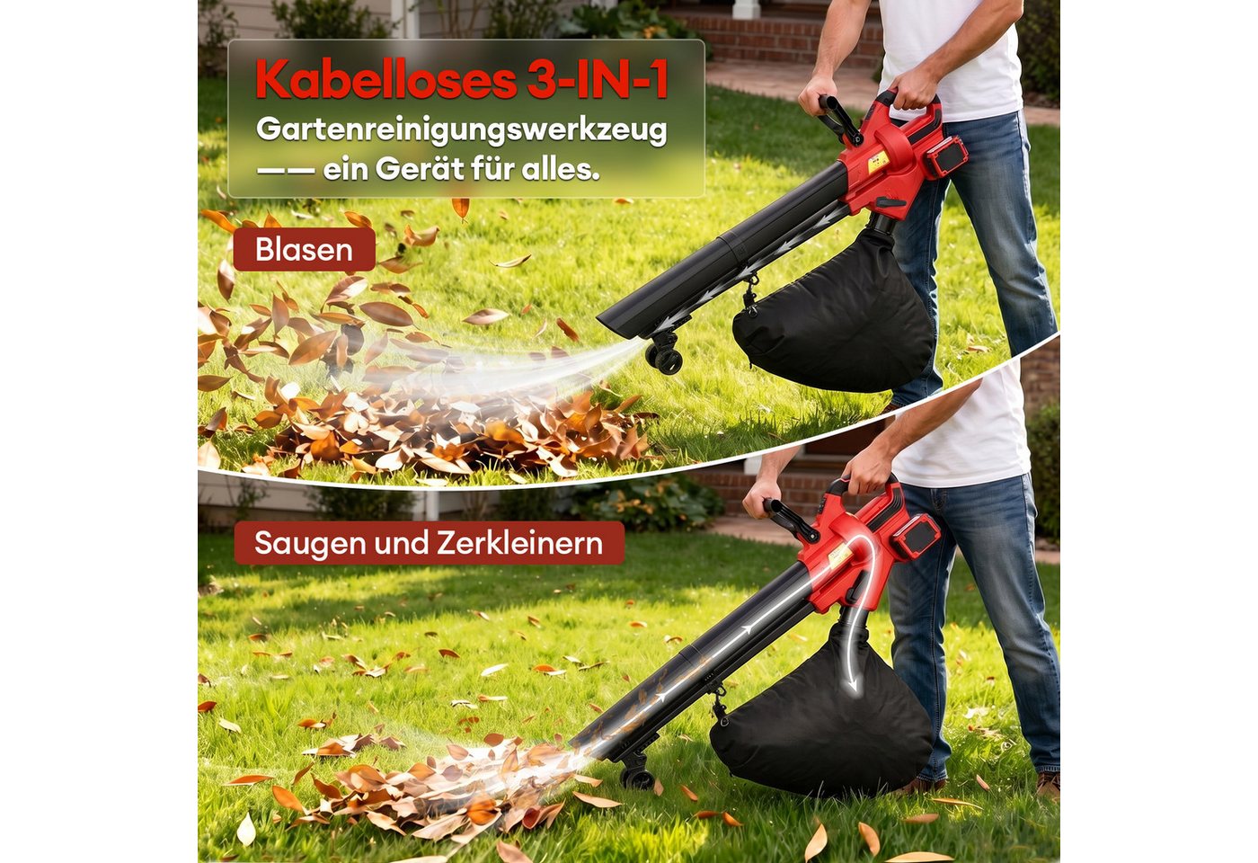 CkeyiN Akku-Laubsauger Laubbläser und Laubhäcksler mit 2 x 5-Ah-Akkus 45-Liter-Fangsack, 258 km/h Luftgeschwindigkeit 660 m³/hLuftdurchsatz