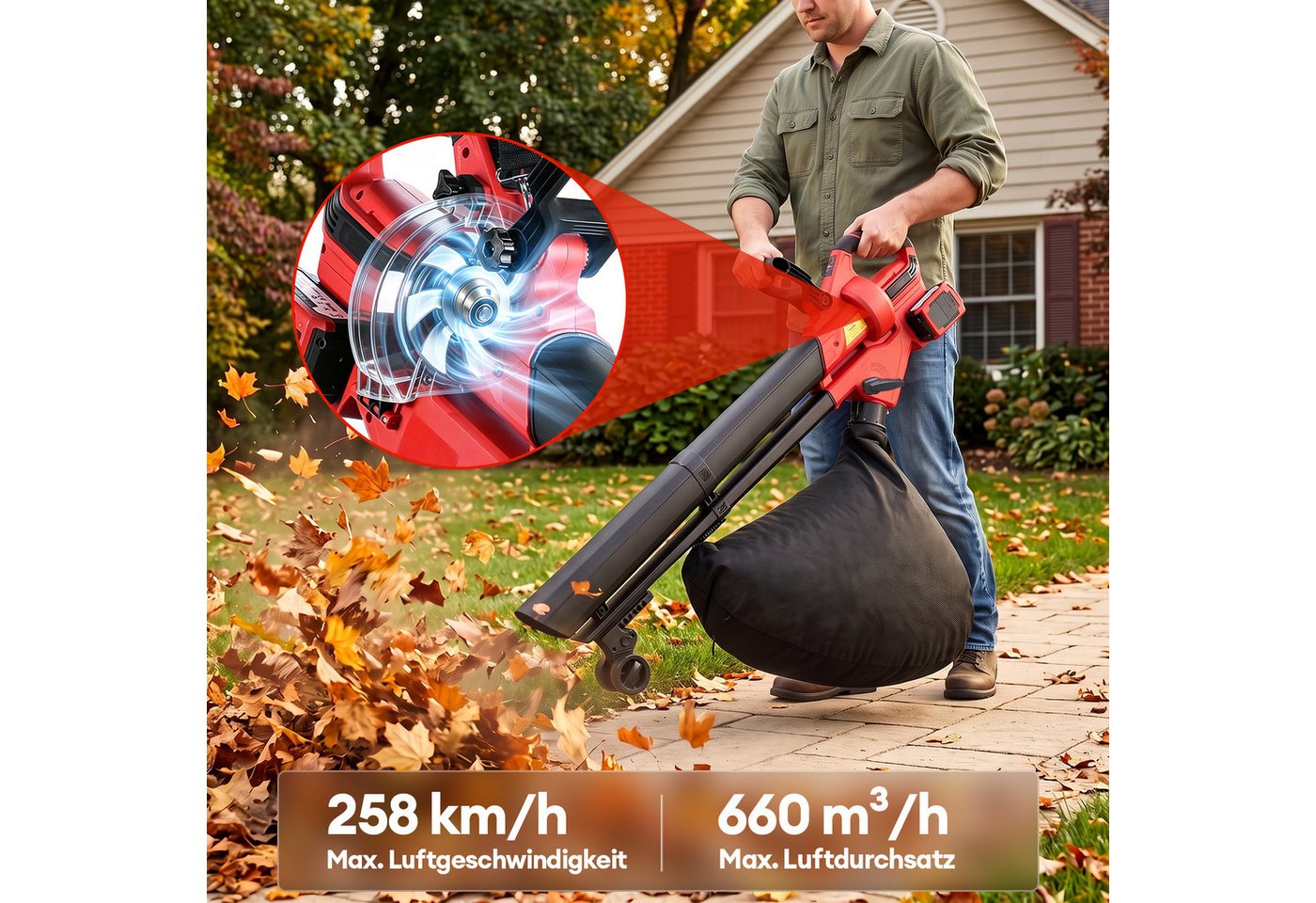 CkeyiN Akku-Laubsauger Laubbläser und Laubhäcksler mit 2 x 5-Ah-Akkus 45-Liter-Fangsack, 258 km/h Luftgeschwindigkeit 660 m³/hLuftdurchsatz Bild 3