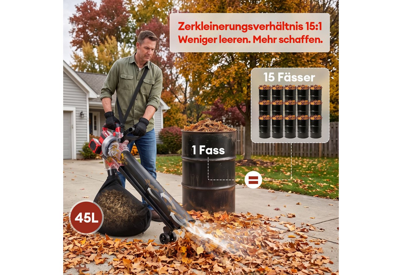CkeyiN Akku-Laubsauger Laubbläser und Laubhäcksler mit 2 x 5-Ah-Akkus 45-Liter-Fangsack, 258 km/h Luftgeschwindigkeit 660 m³/hLuftdurchsatz Bild 5