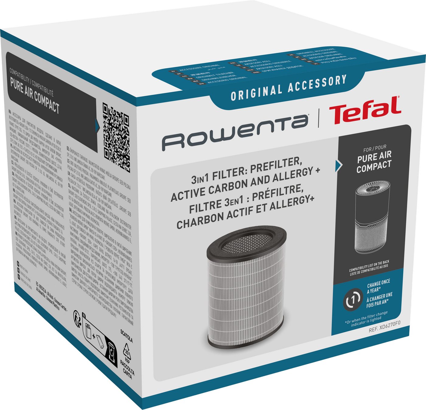 Rowenta Kombifilter Pure Air Compact, Zubehör für Rowenta Pure Air Compact-Luftreiniger (PT2220/PU2220/PU2221/PT2210), bessere Luftqualität, 3-in-1 Vorfilter, Aktivkohle und HEPA Allergy+