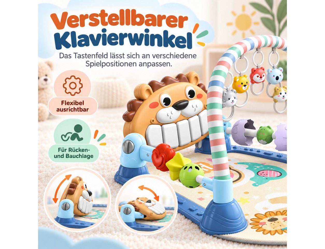Fyrove Spielmatte Baby Spielmatte mit Spielbogen, Tretklavier, Musik und Licht (Schutzbügel, Rasseln und Greifringen, verstellbares Klavier, Aktivitätscenter für Babys in Rücken- und Bauchlage zum), Spielen und Entdecken