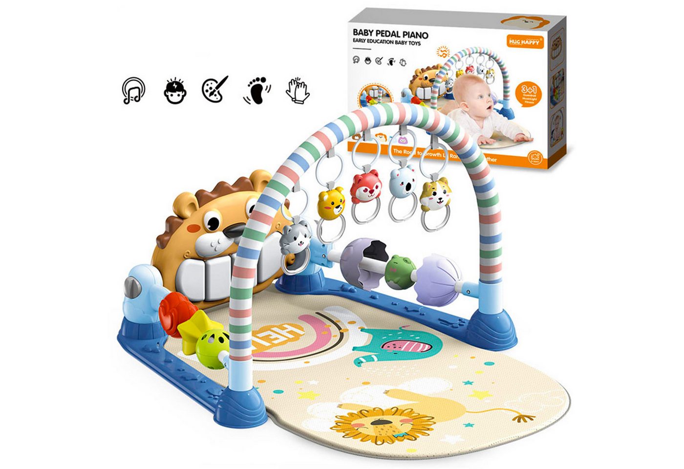 Fyrove Spielmatte Baby Spielmatte mit Spielbogen, Tretklavier, Musik und Licht (Schutzbügel, Rasseln und Greifringen, verstellbares Klavier, Aktivitätscenter für Babys in Rücken- und Bauchlage zum), Spielen und Entdecken Bild 2
