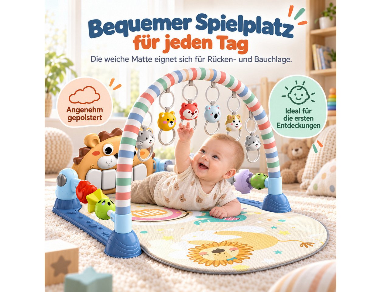 Fyrove Spielmatte Baby Spielmatte mit Spielbogen, Tretklavier, Musik und Licht (Schutzbügel, Rasseln und Greifringen, verstellbares Klavier, Aktivitätscenter für Babys in Rücken- und Bauchlage zum), Spielen und Entdecken Bild 3