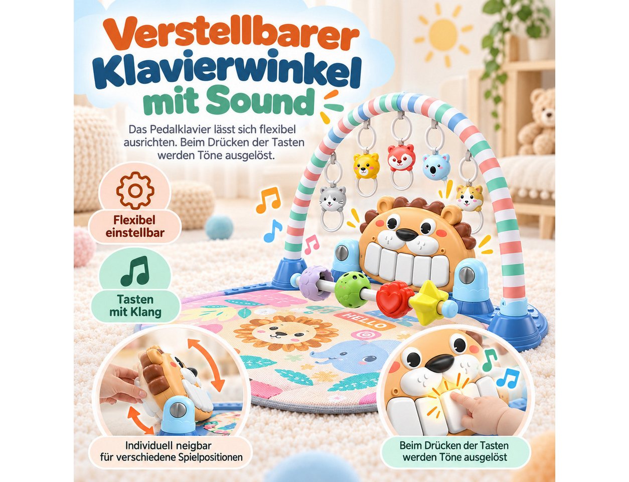 Fyrove Spielmatte Baby Spielmatte mit Spielbogen, Tretklavier, Musik und Licht (Schutzbügel, Rasseln und Greifringen, verstellbares Klavier, Aktivitätscenter für Babys in Rücken- und Bauchlage zum), Spielen und Entdecken Bild 4