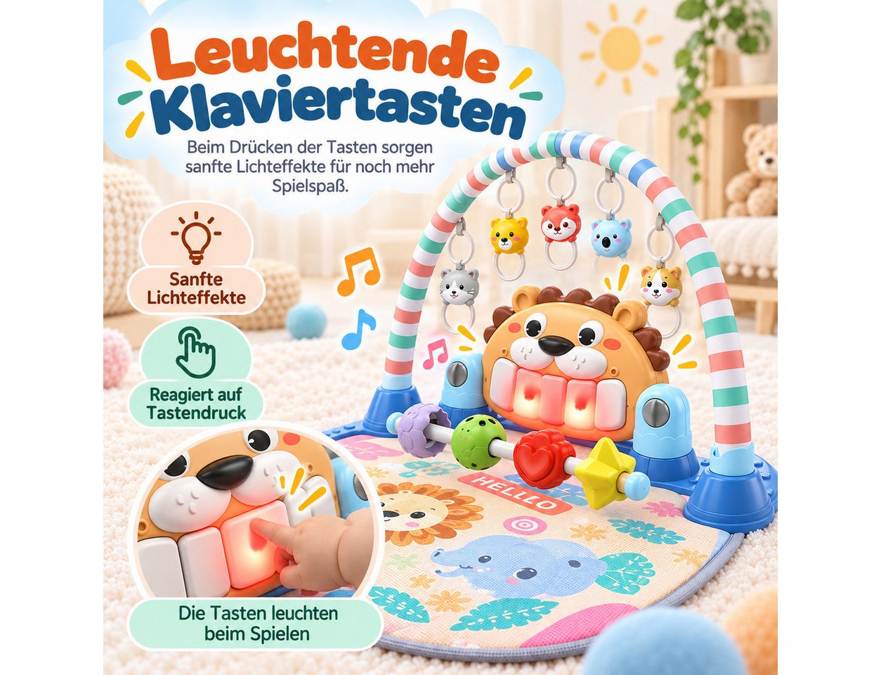 Fyrove Spielmatte Baby Spielmatte mit Spielbogen, Tretklavier, Musik und Licht (Schutzbügel, Rasseln und Greifringen, verstellbares Klavier, Aktivitätscenter für Babys in Rücken- und Bauchlage zum), Spielen und Entdecken Bild 5