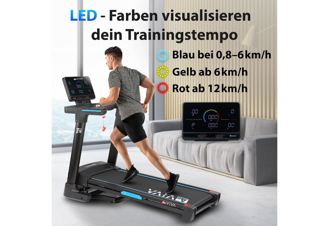 AsVIVA Laufband T16 Smart mit Dämpfungssystem, 18 km/h, Steigung bis 18 %, Induktionsladefläche, BT, 15 LED-Farben Bild 3