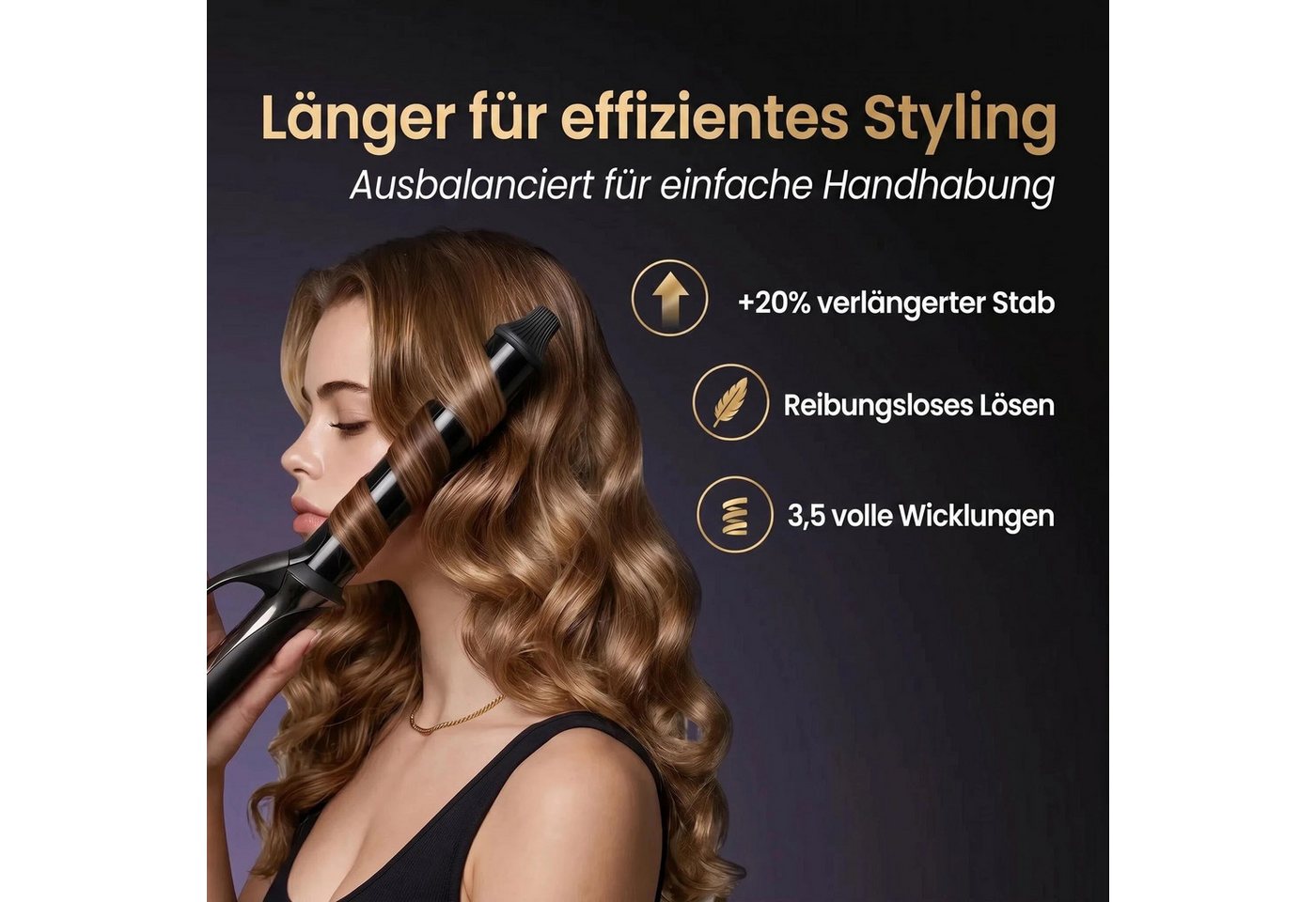 GlamUp Lockenstab 152 mm extra langer, Keratin- und Seidenkeramikfass, SilkFinish Glide, Keramik, Lockere Wellen & entspannte Locken, Dual-Spannung